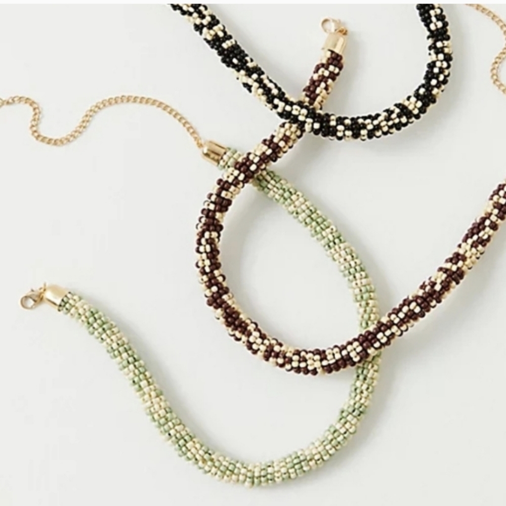 Free People Diving In Necklace Beaded Brown, Tan Braided Choker MSRP $38